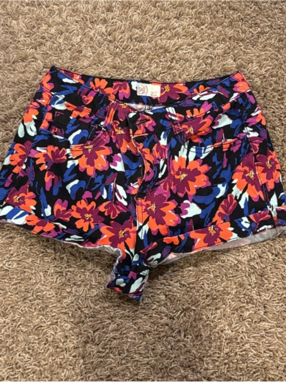 SO Floral Jean Shorts - Black, Orange & Purple